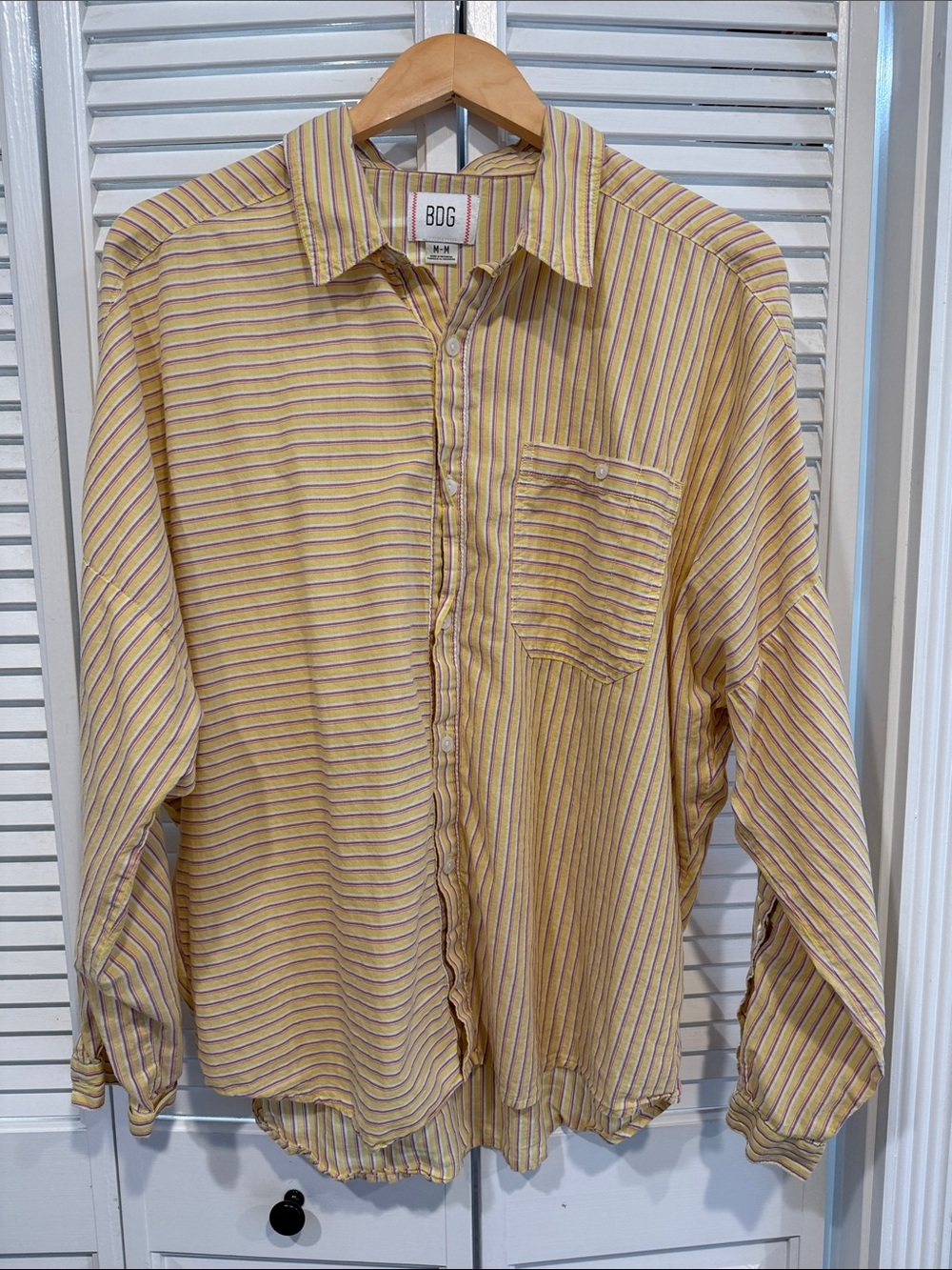 BDG (Anthropologie) Yellow and Purple Striped Long-Sleeve Button-Down Shirt